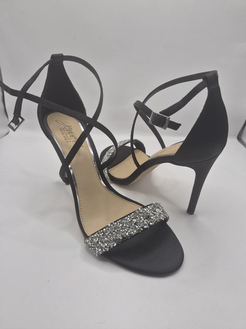 Jewel Badgley Mischka Women's Nanna Black Satin Heels Crystal Straps Sz 8.5